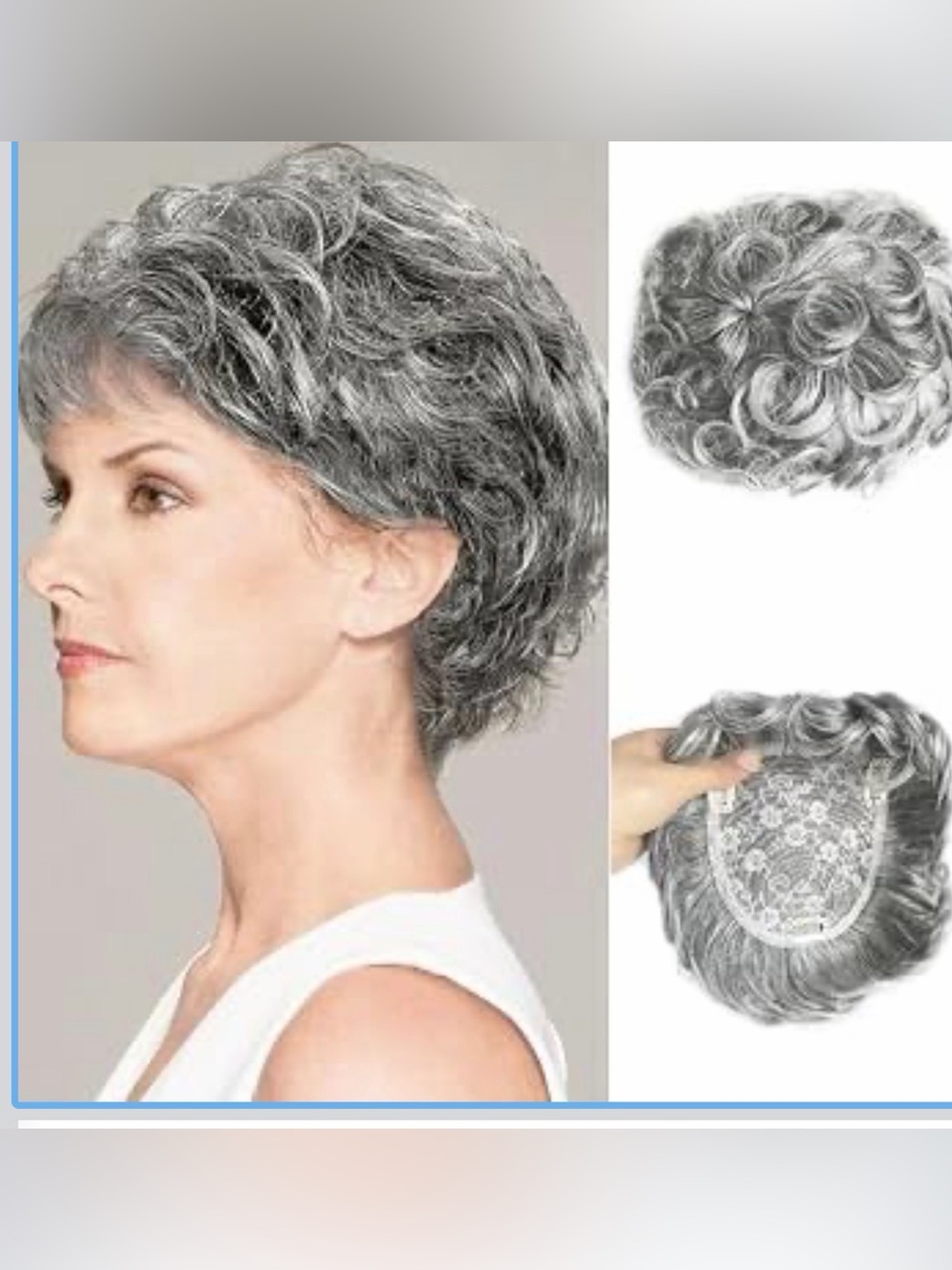 Short Grey Fluffy Wavy Curly Hair Wiglet Topper Human Hair Replacement for Women